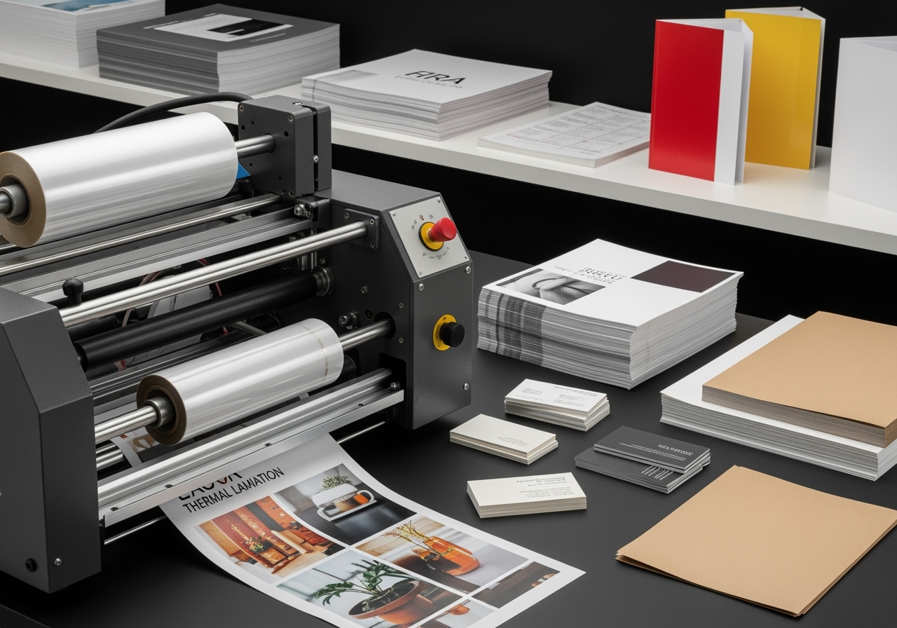 Broşür ve kartvizit laminasyonu yapan termal laminasyon makinesi. "CAOVA Termal Laminasyon" yazısı görünüyor.